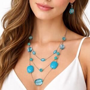 Vintage turquoise blue beaded multi-strand necklace and drop earrings set.